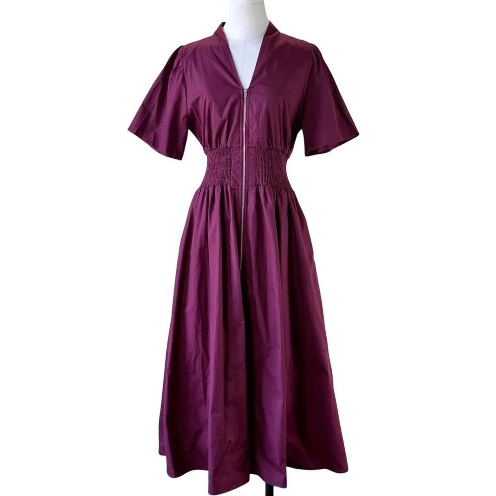 Style U Midi Dress Women Small Plum Smocked Waist Zip Front Cotton Puff Sleeve - Picture 2 of 10
